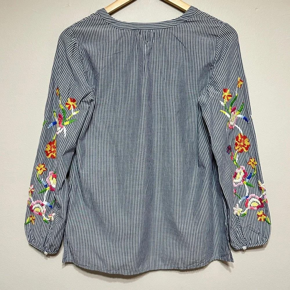 Talbots Floral Embroidered Striped Blouse Tunic‎ Womens XS Boho Lightweight Top